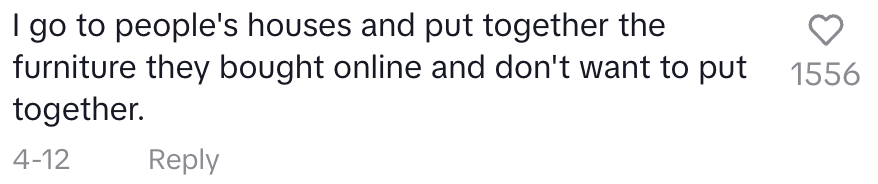 Comment about assembling online-bought furniture for others who don't want to do it themselves; includes reply and likes