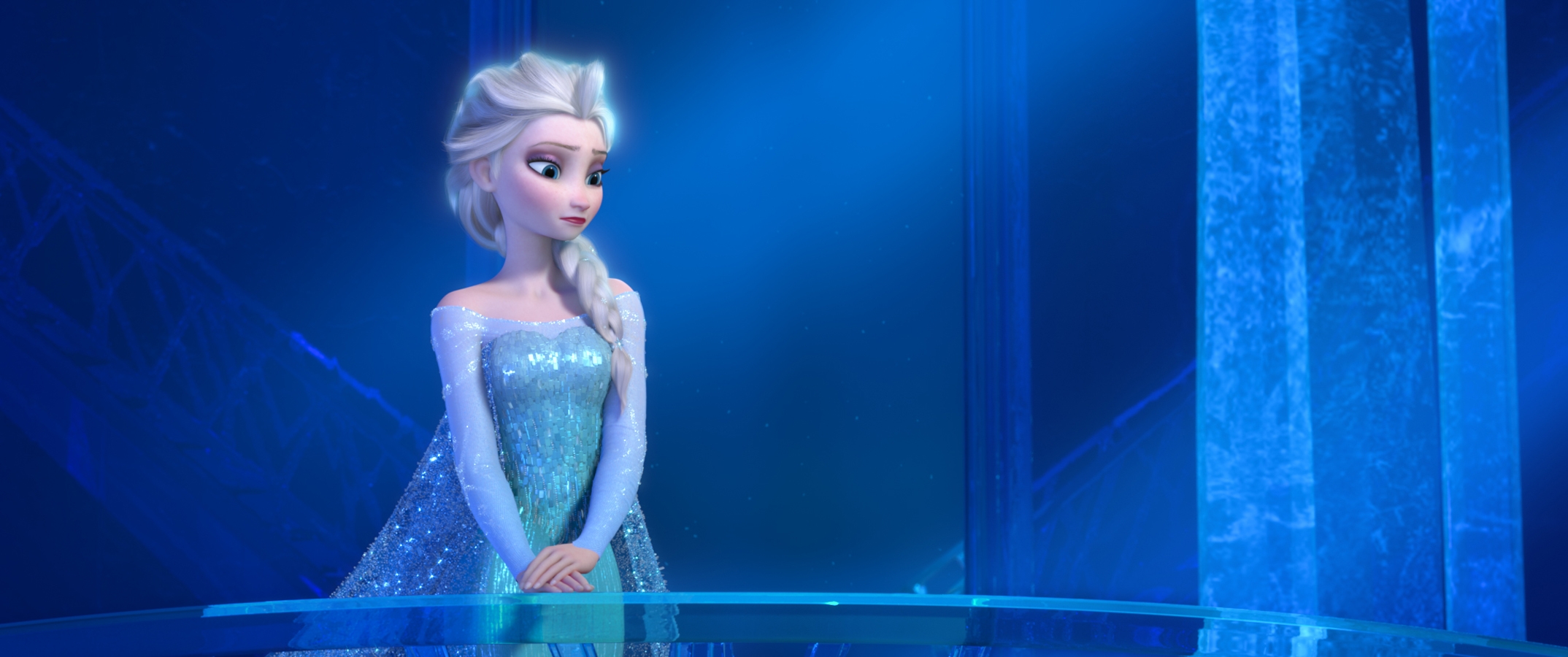 Animated character Elsa from Frozen, in a sparkly ice-blue gown, stands in her icy palace, gazing thoughtfully to the side