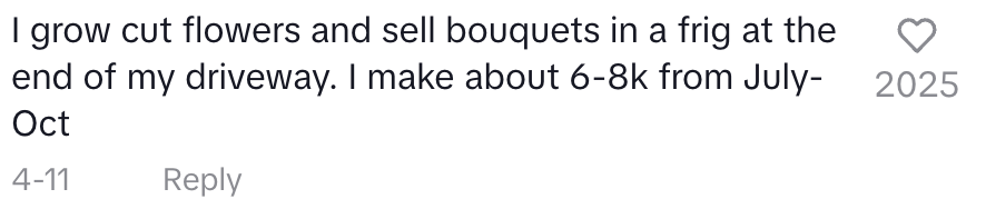 Comment about selling flowers: "I grow cut flowers and sell bouquets in a fridge at my driveway, making about $6-8k from July to October."