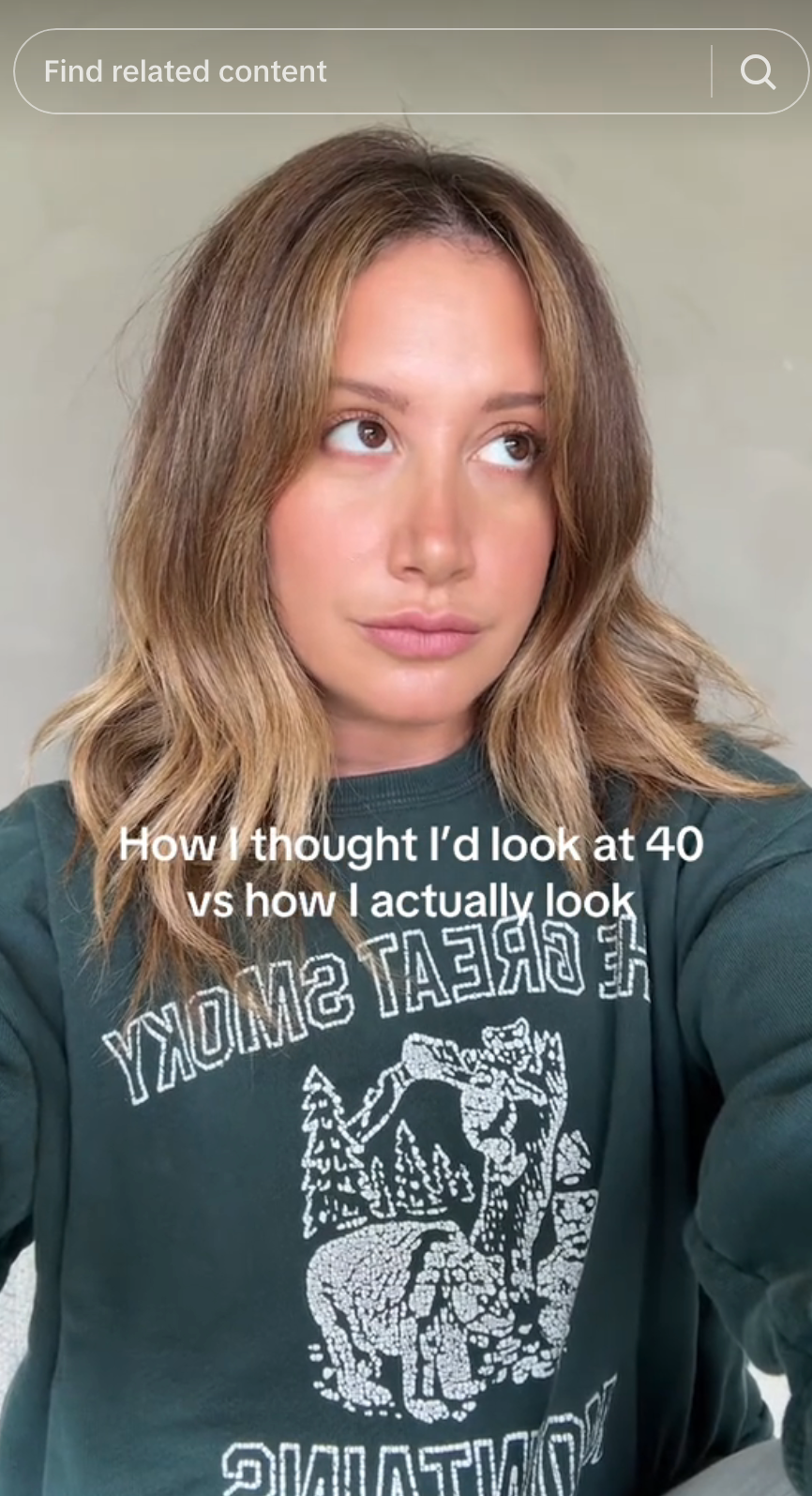 Ashley Tisdale posing in a TikTok. Text reads: "How I thought I'd look at 40 vs how I actually look"