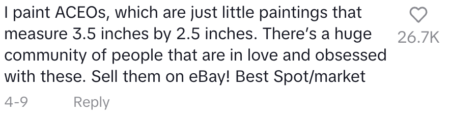 Comment about selling ACEO mini-paintings on eBay and the community's enthusiasm, with a suggestion to use eBay as a marketplace
