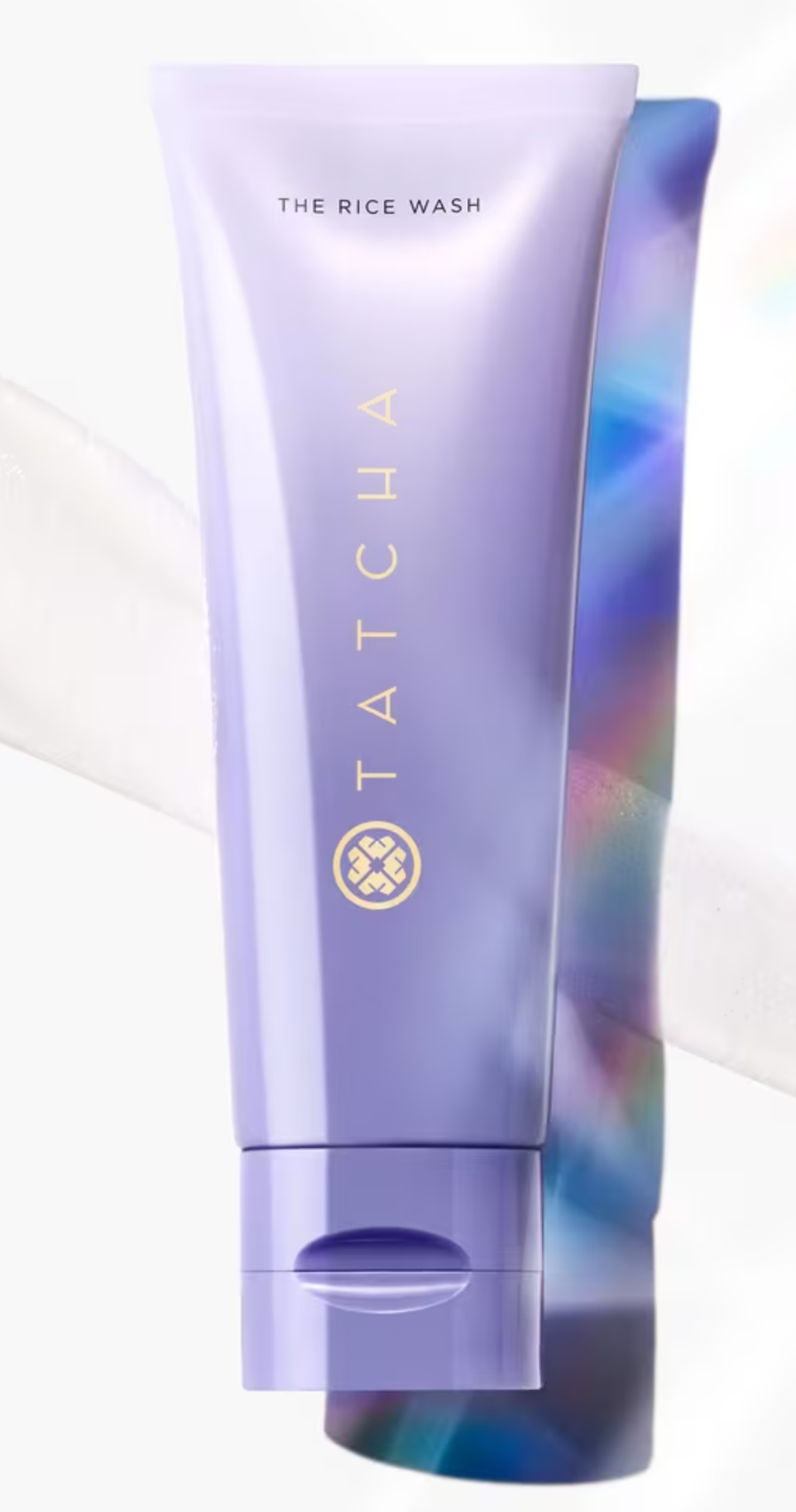 Tatcha Rice Wash conduit  with holographic shadow, featuring a creaseless  plan  and wide   branding