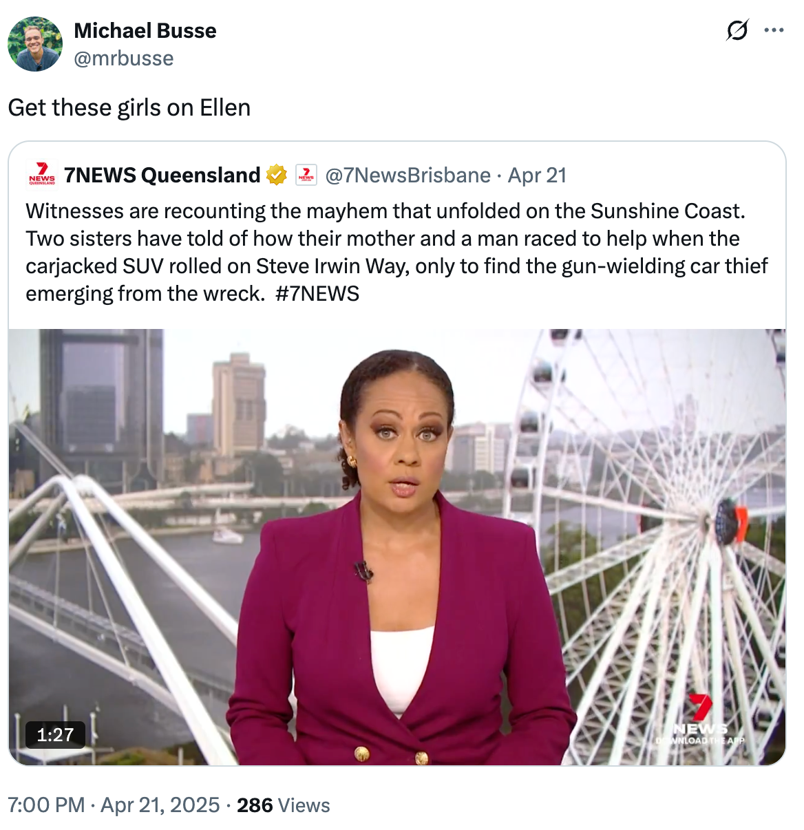 A news broadcast still of a reporter discussing a dramatic carjacking incident involving a crashed SUV near a large Ferris wheel