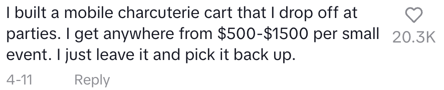 Summary of text: A person earns $500-$1500 per event by dropping off a mobile charcuterie cart at parties and picking it up later
