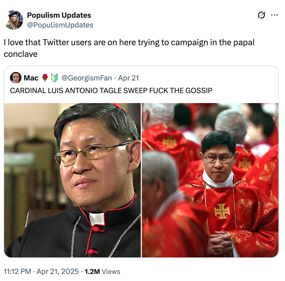 Split-screen image of Cardinal Luis Antonio Tagle, with casual text suggesting Twitter users campaign for him at a papal conclave
