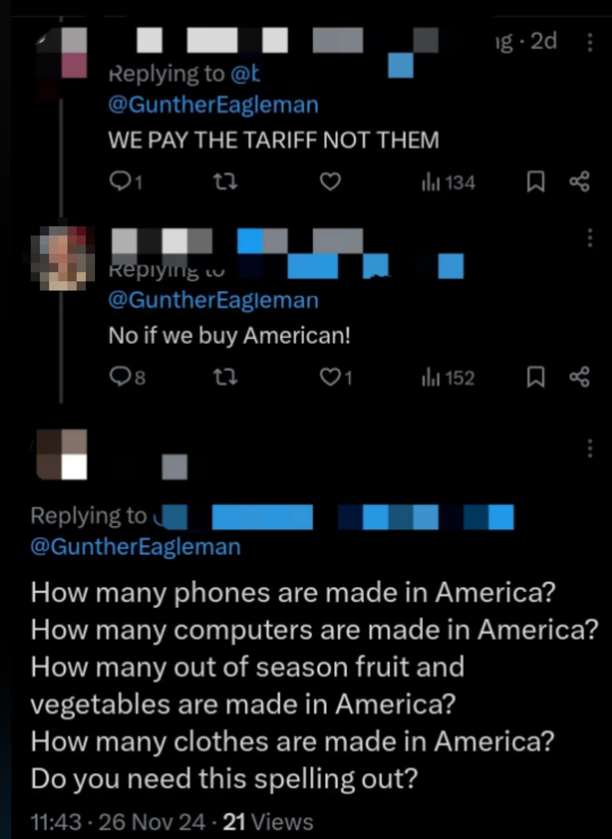 Person suggests buying American to avoid tariffs. Another points out how little is made in America