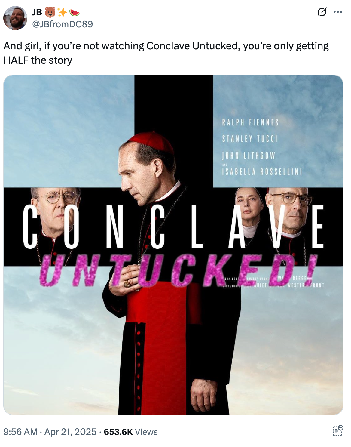 Promotional poster for "Conclave Untucked" featuring Ralph Fiennes, Stanley Tucci, John Lithgow, and Isabella Rossellini