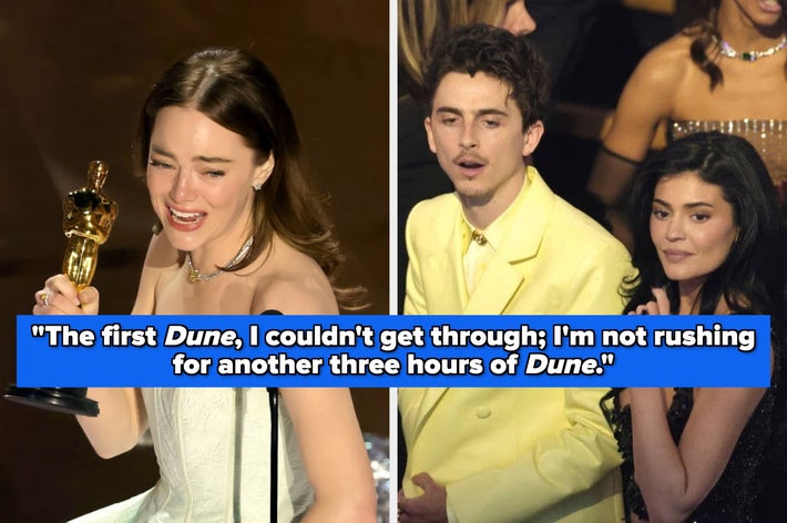 An actor in a strapless gown holds an award, smiling on stage. Next to them, two people watch in formal attire, including a suit