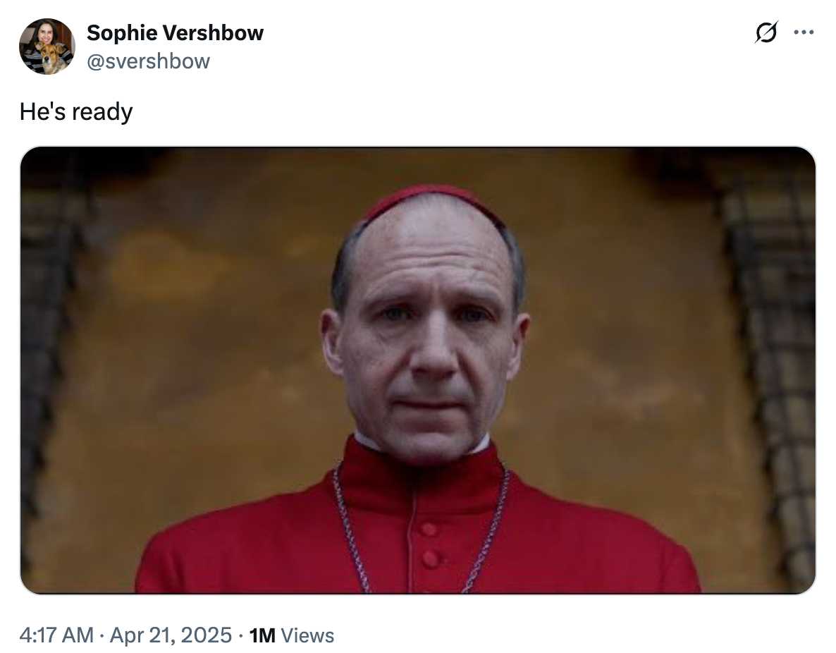 Man in formal religious attire with a pensive expression, tweet caption reads: "He's ready."
