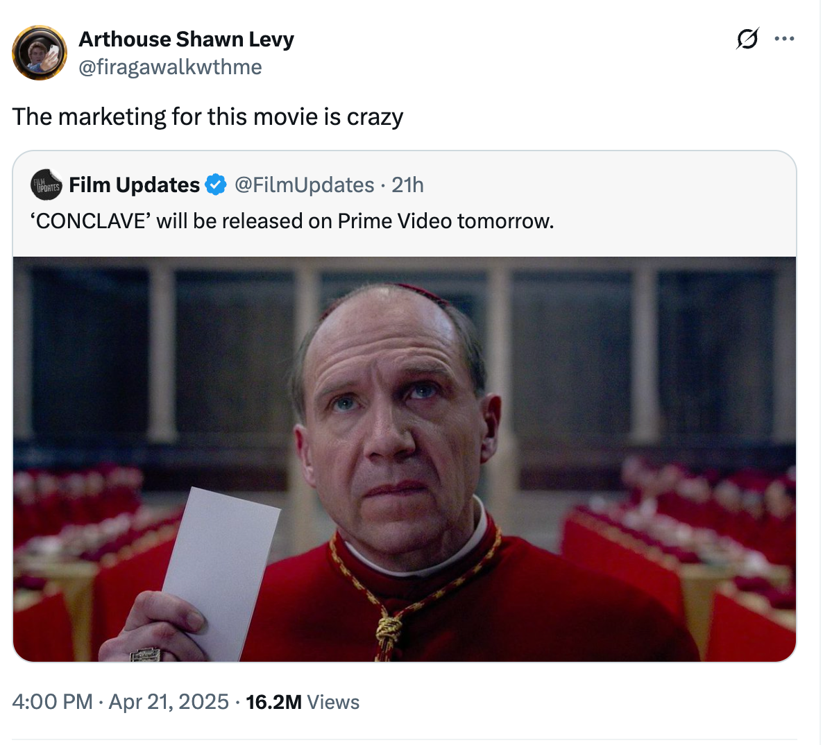 A person in red clerical attire holds a paper, looking upwards. The image is a tweet discussing the movie "CONCLAVE" releasing on Prime Video tomorrow