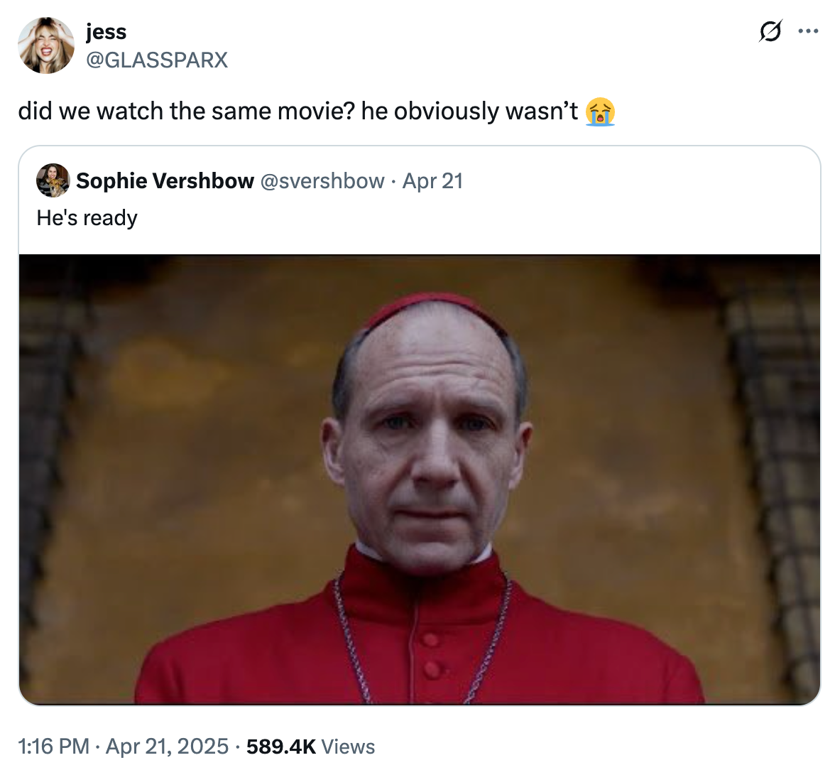 Tweet with a cardinal in formal attire looking serious, suggesting a humorous contrast to a film experience