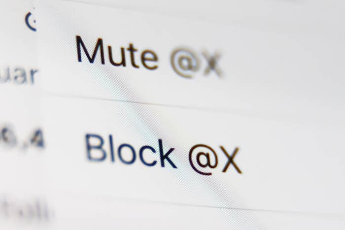 Options to "Mute @X" and "Block @X" on a social media interface are shown