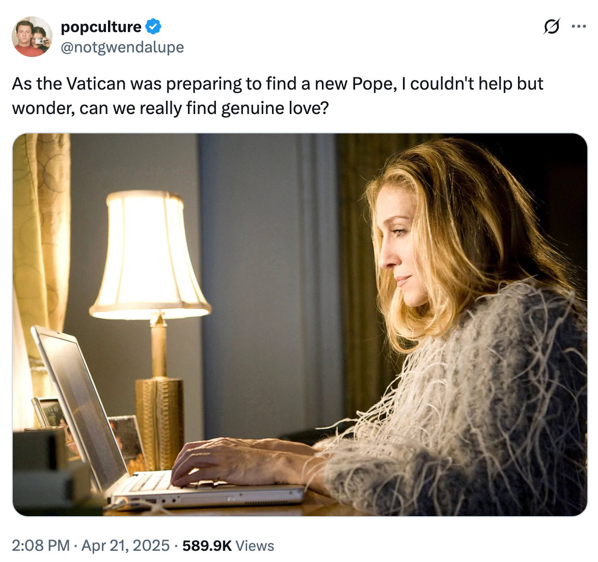 Woman in cozy setting typing on a laptop, referencing the Vatican and genuine love in the humorous text above
