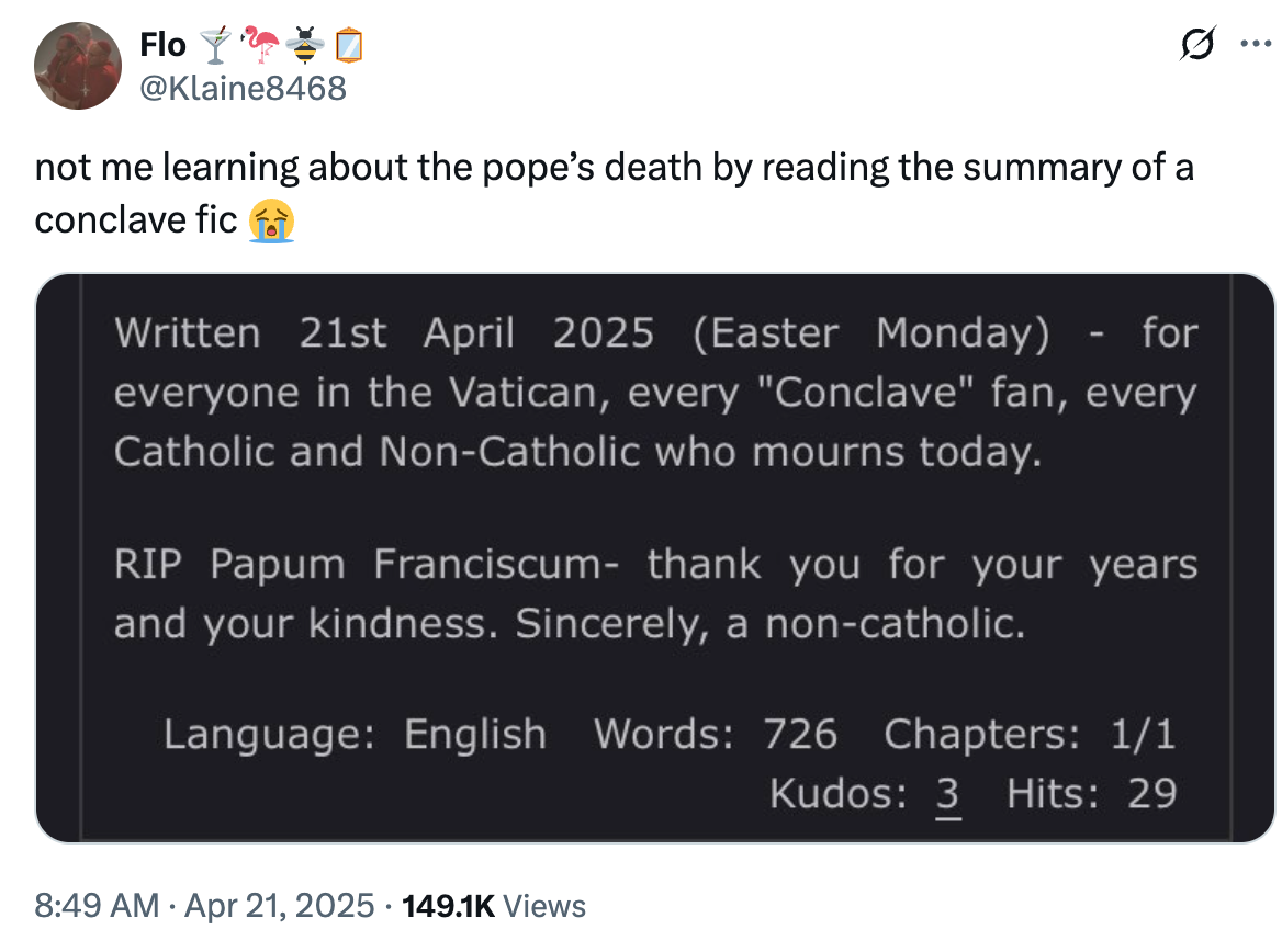 Tweet about mistakenly learning of the pope's death through a fanfiction summary, posted by user @Klaine8468
