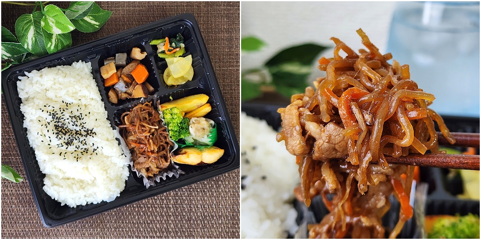 黒い容器にご飯とおかずが盛られたお弁当。右側には春雨と野菜を箸で持ち上げた様子が写っています。