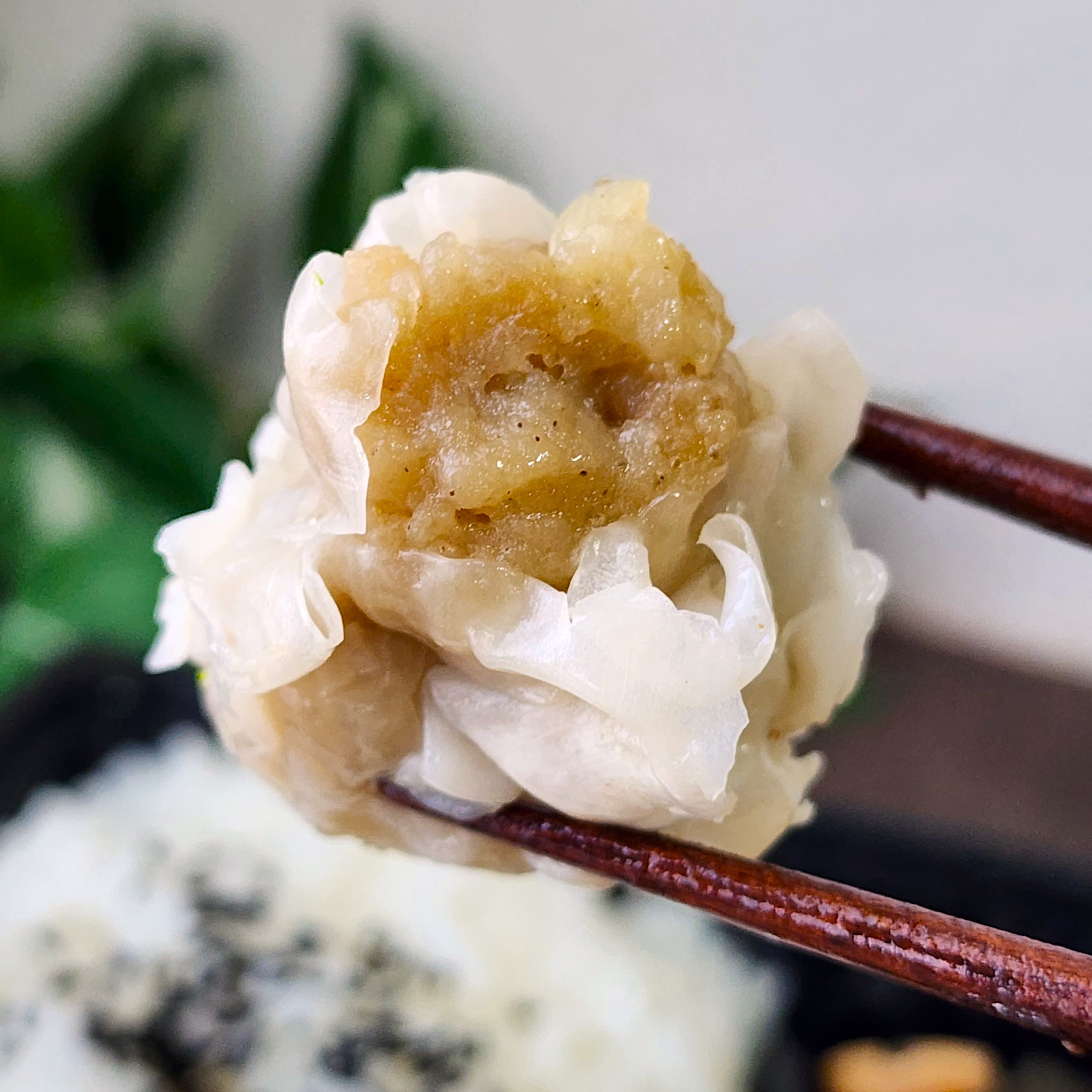 箸で持たれたシュウマイがアップで撮影されている。背景にご飯が見える。