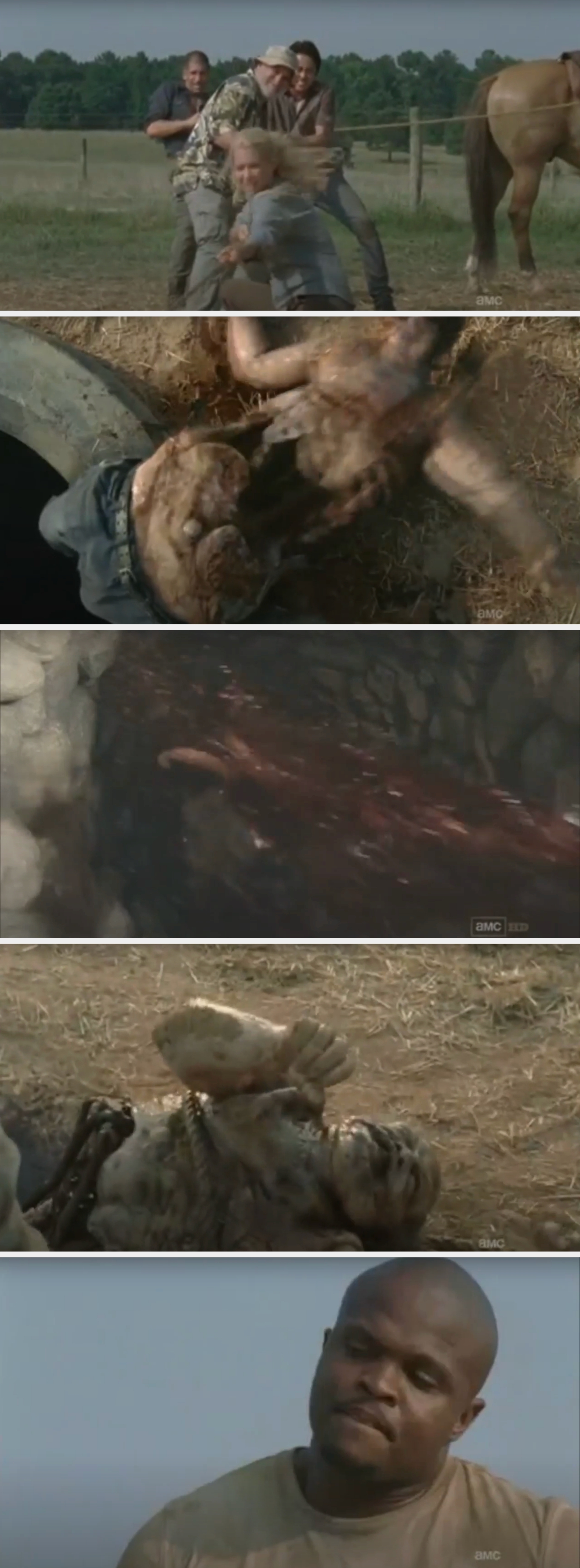The group pulls the zombie out of a well with a rope, and the zombie splits in half, its guts spilling out as its legs fall back into the well. T-Dog is visibly disgusted