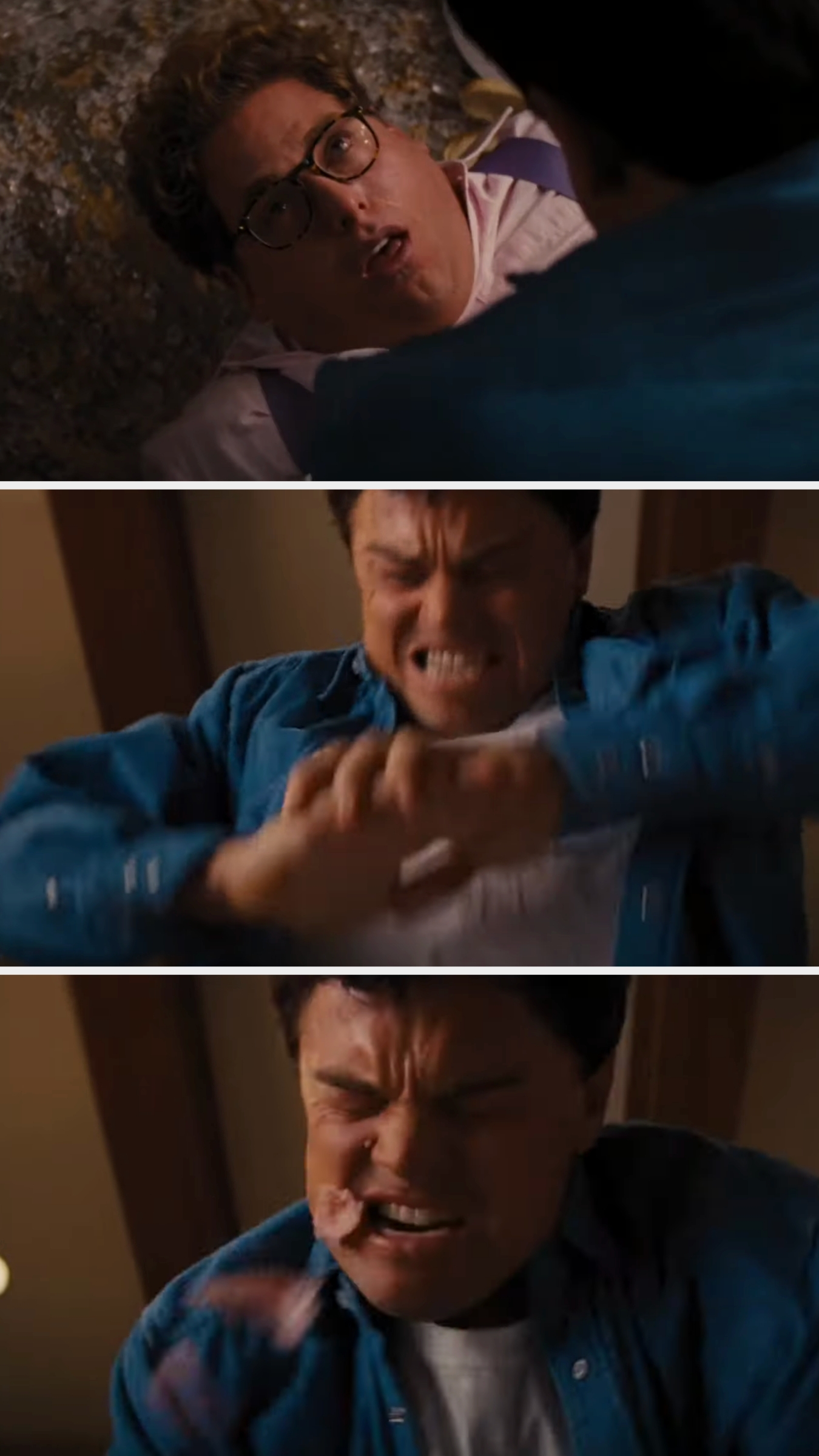 Donnie is choking, so Jordan gives him CPR, resulting in Donnie spitting pieces of ham on his face