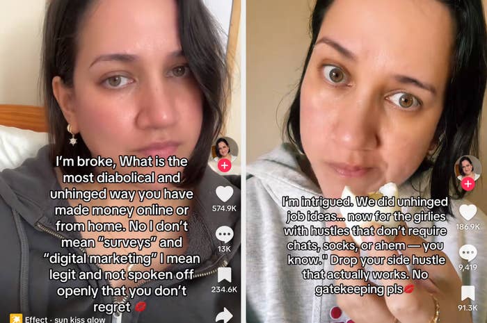 Two images of a woman sharing ideas on unconventional ways to make money online, emphasizing avoiding typical methods like surveys and promoting creativity