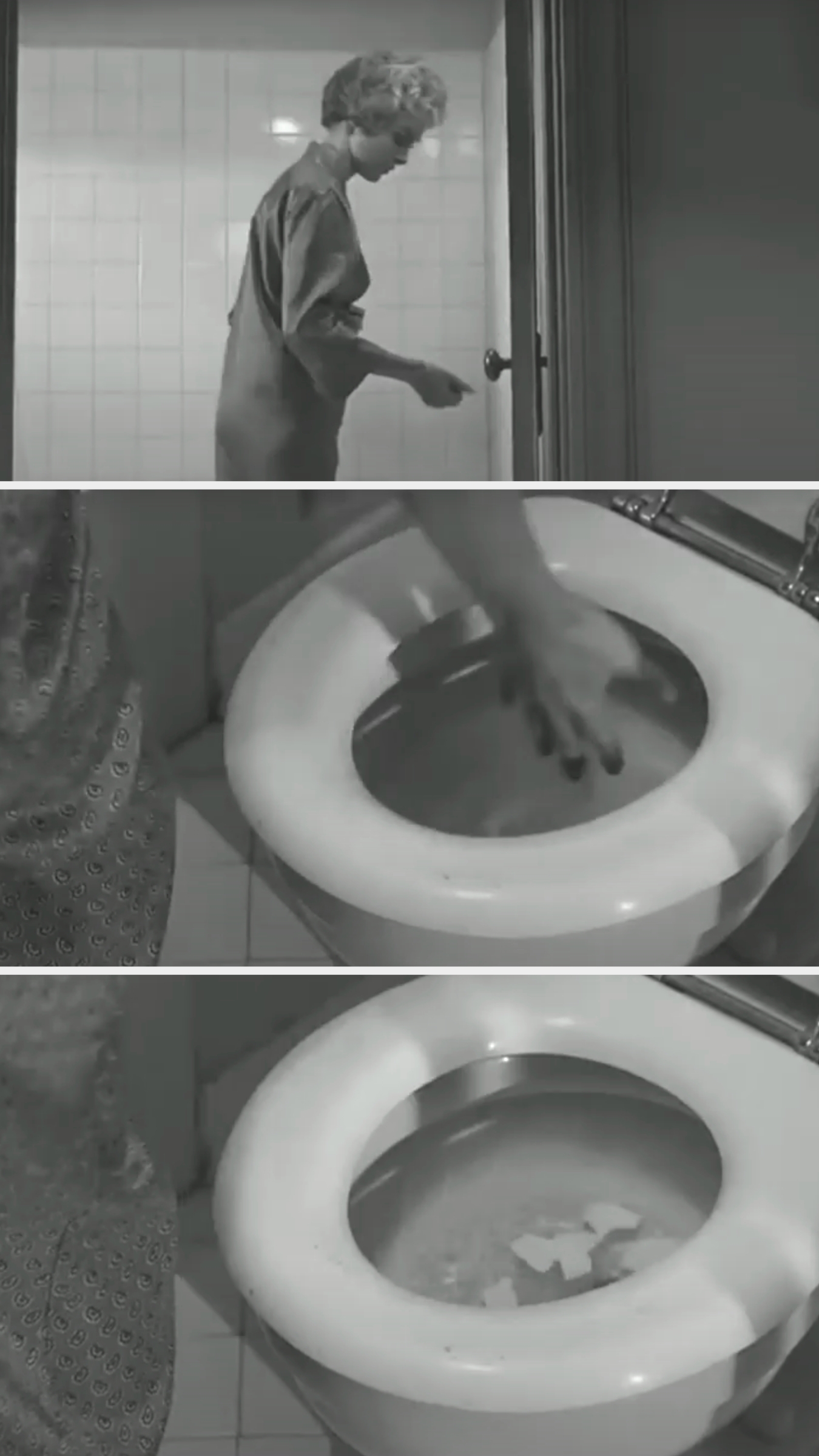 a woman flushes scraps of paper down the toilet