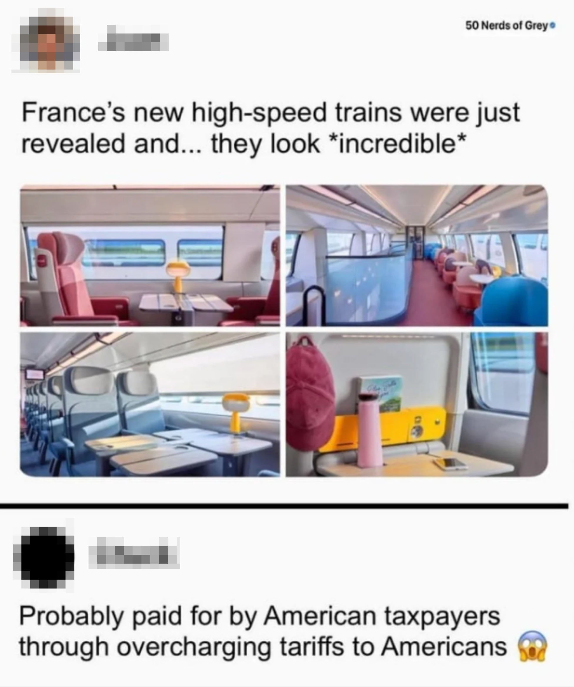 Tweet shows modern, spacious French train interiors. A reply suggests U.S. taxpayers funded them through tariffs
