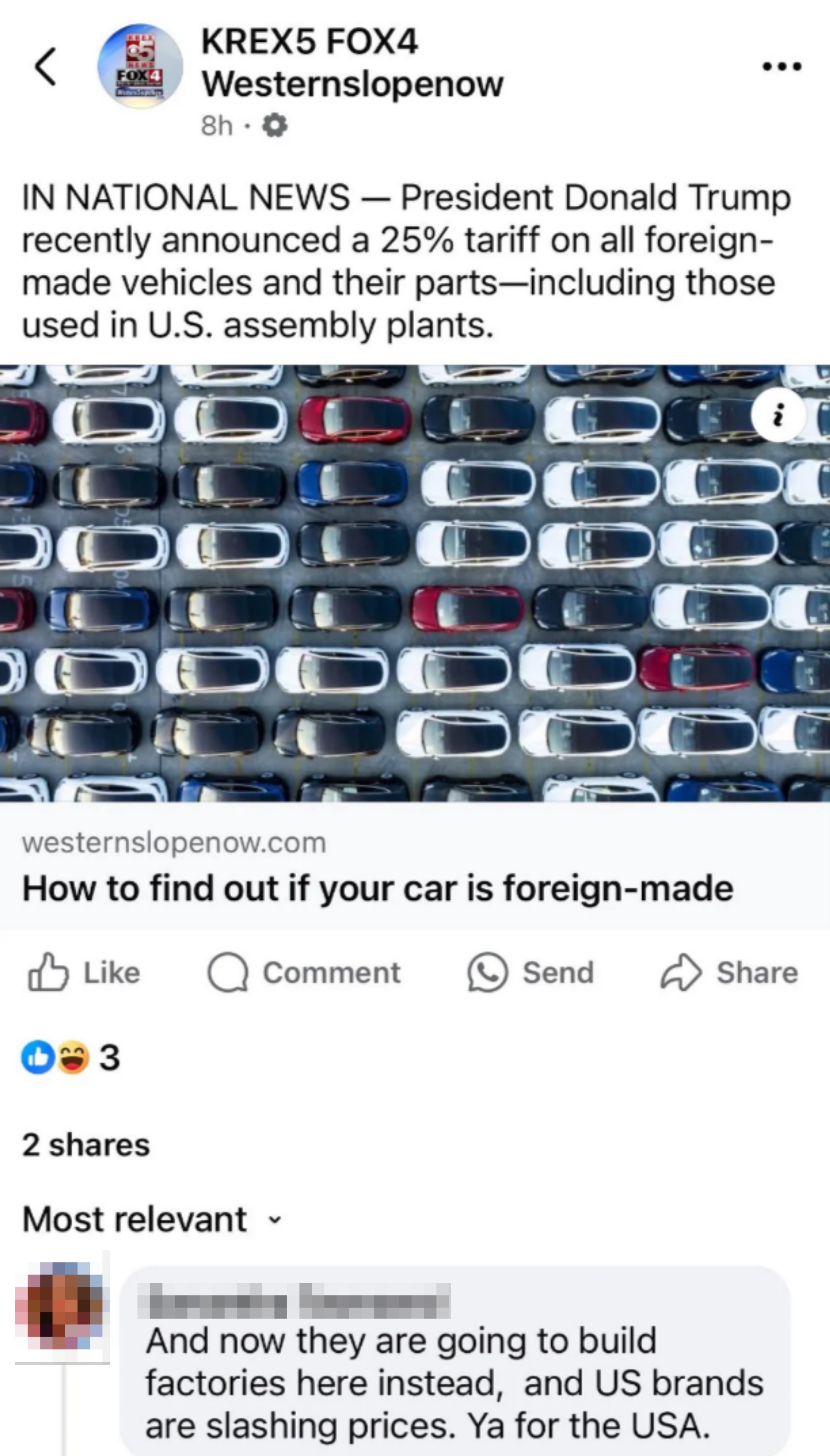 News post about a 25% tariff on foreign-made vehicles and their parts. Comment suggests car companies will now build factories in the U.S., and that US brands will slash prices
