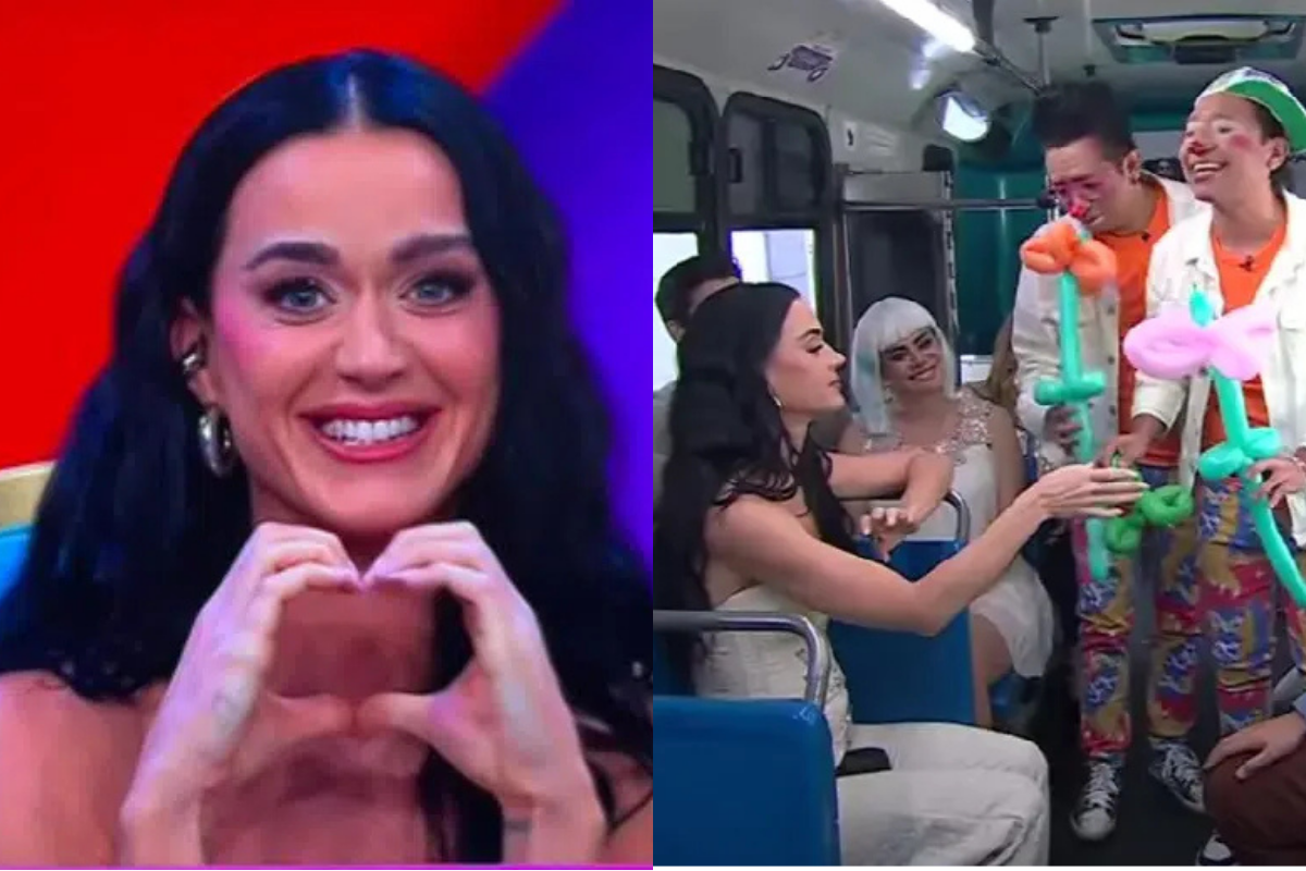 Two images: 1) Person making a heart gesture with hands. 2) Same person sitting on a bus with others in costume, receiving balloon animals