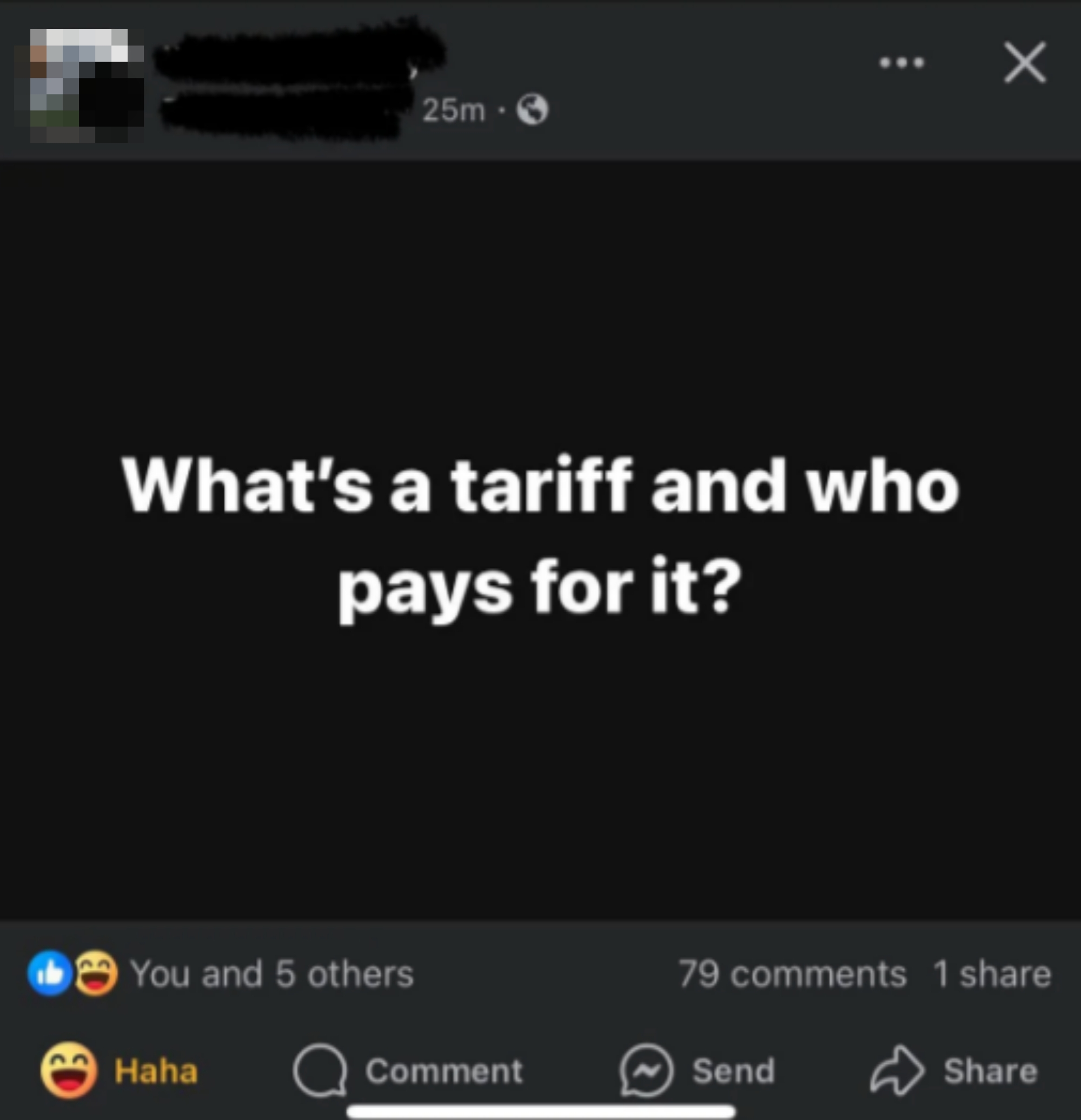 Text post asking &quot;What&#x27;s a tariff and who pays for it?&quot; with social media reactions visible