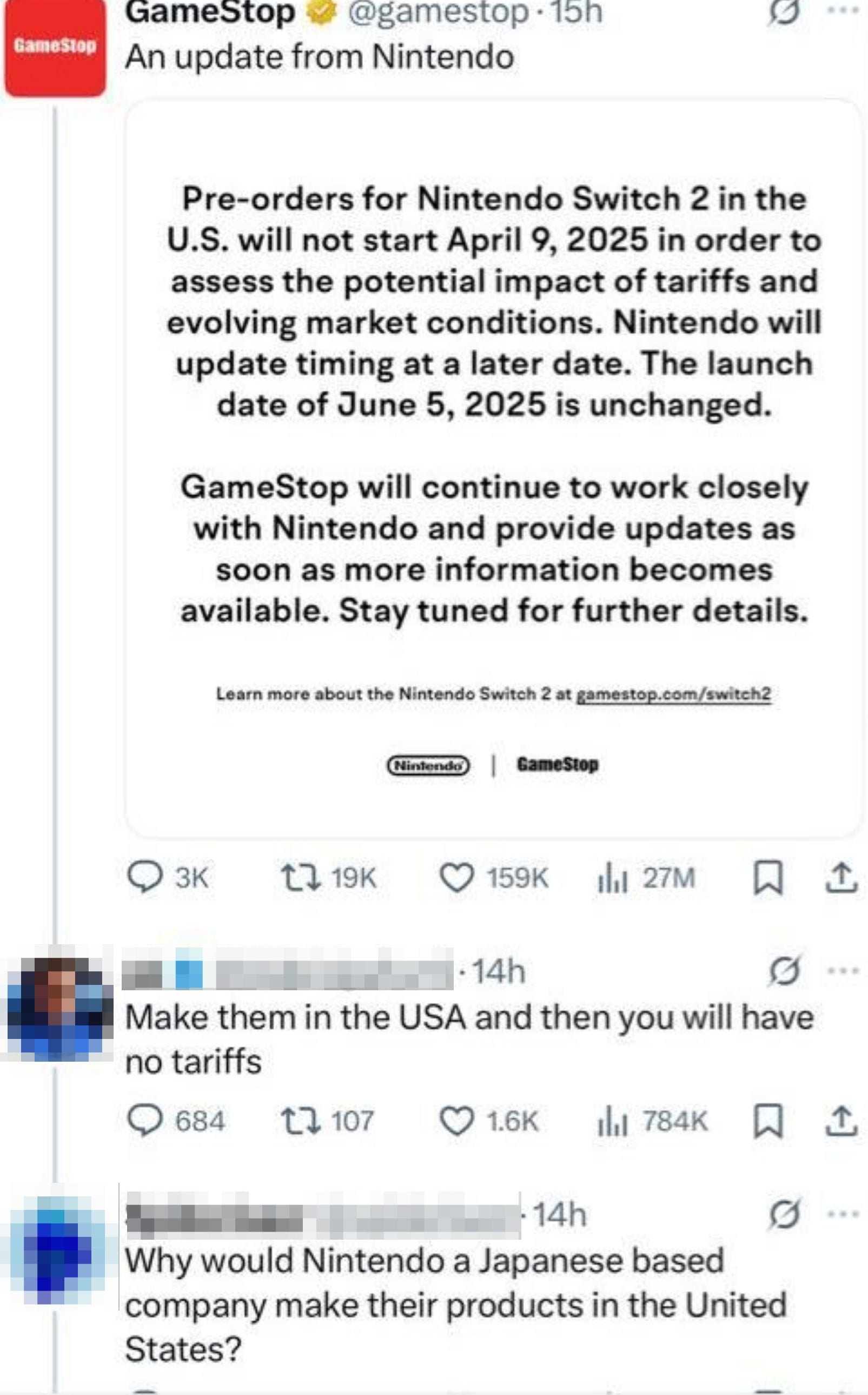 GameStop tweet about Nintendo Switch 2 pre-orders delayed due to tariffs. Someone suggests Nintendo make the Switch in the US to avoid tariffs. Another reply points out Nintendo is a Japanese company