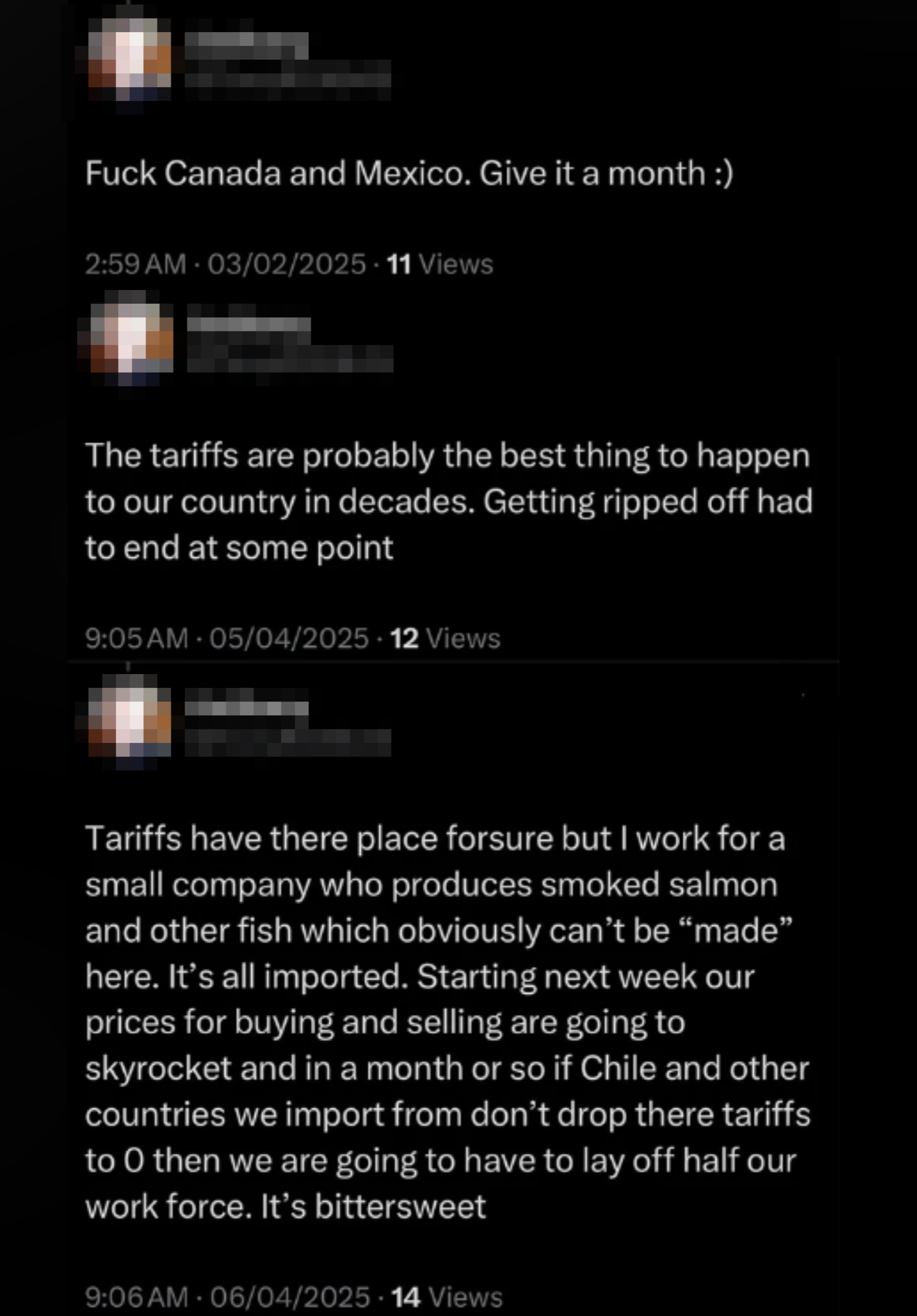 User tweets supporting tariffs, saying &quot;getting ripped off had to end at some point.&quot; Later, they tweet about working for a small company that produces smoked fish that can&#x27;t be made in the US, saying prices are going to skyrocket