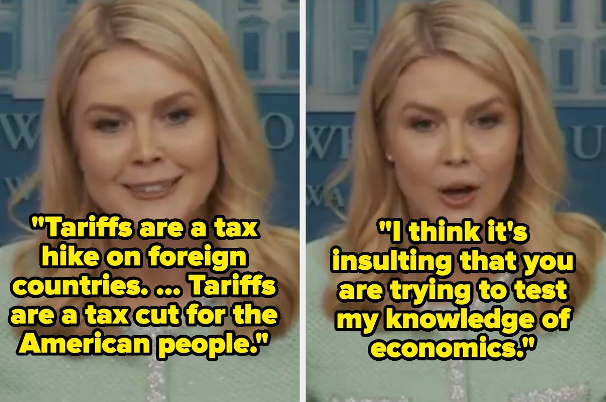 Karoline Leavitt captioned with quote, "Tariffs are a tax hike on foreign countries. ... Tariffs are a tax cut for the American people. I think it's insulting that you are trying to test my knowledge of economics"