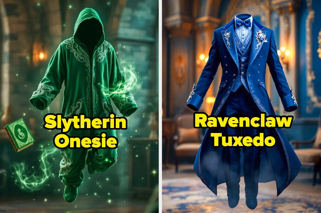 Slytherin-themed onesie with hood and Ravenclaw-themed tuxedo with intricate details, set in a magical setting