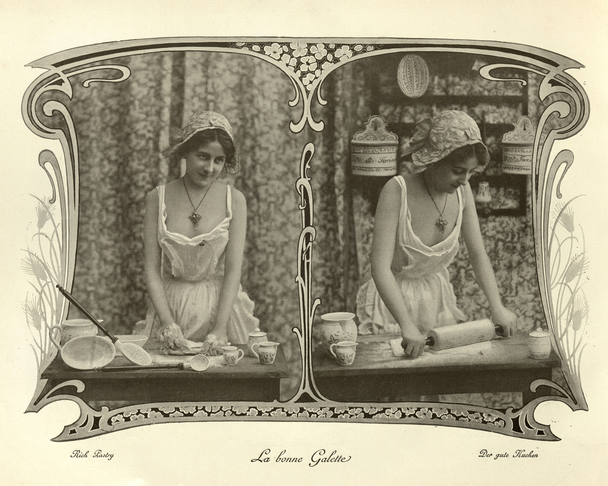 Vintage photo of a woman in period dress baking, surrounded by decorative border. She rolls dough and works with traditional kitchen tools