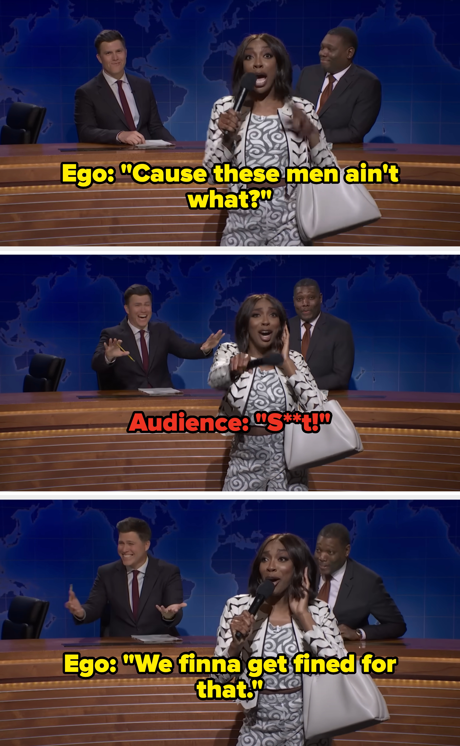 Comedian on stage with two others; banter about avoiding fines after audience completes a joke punchline on a set resembling a news show