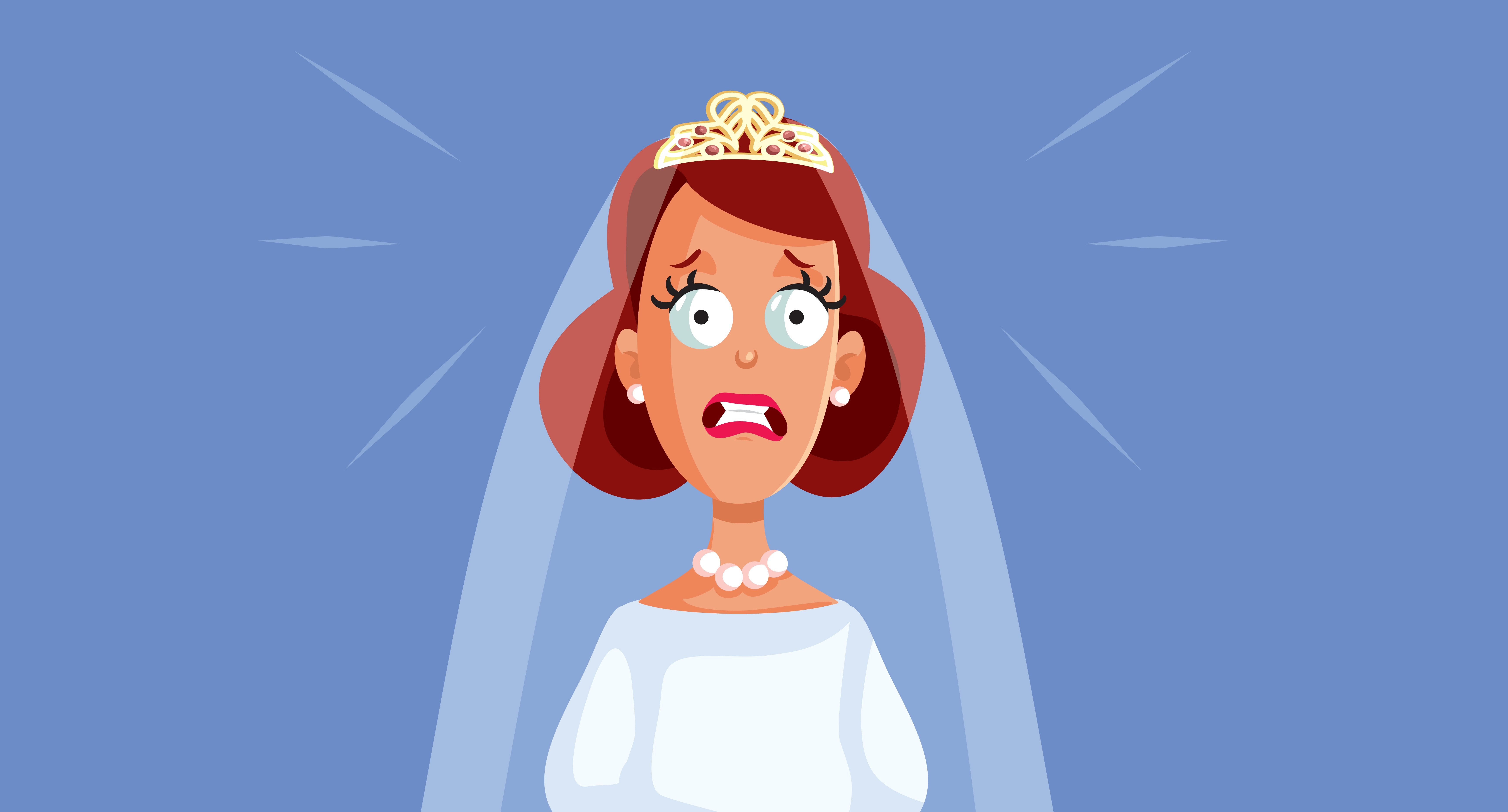 Cartoon bride wearing a tiara and veil looks surprised, with wide eyes and an open mouth
