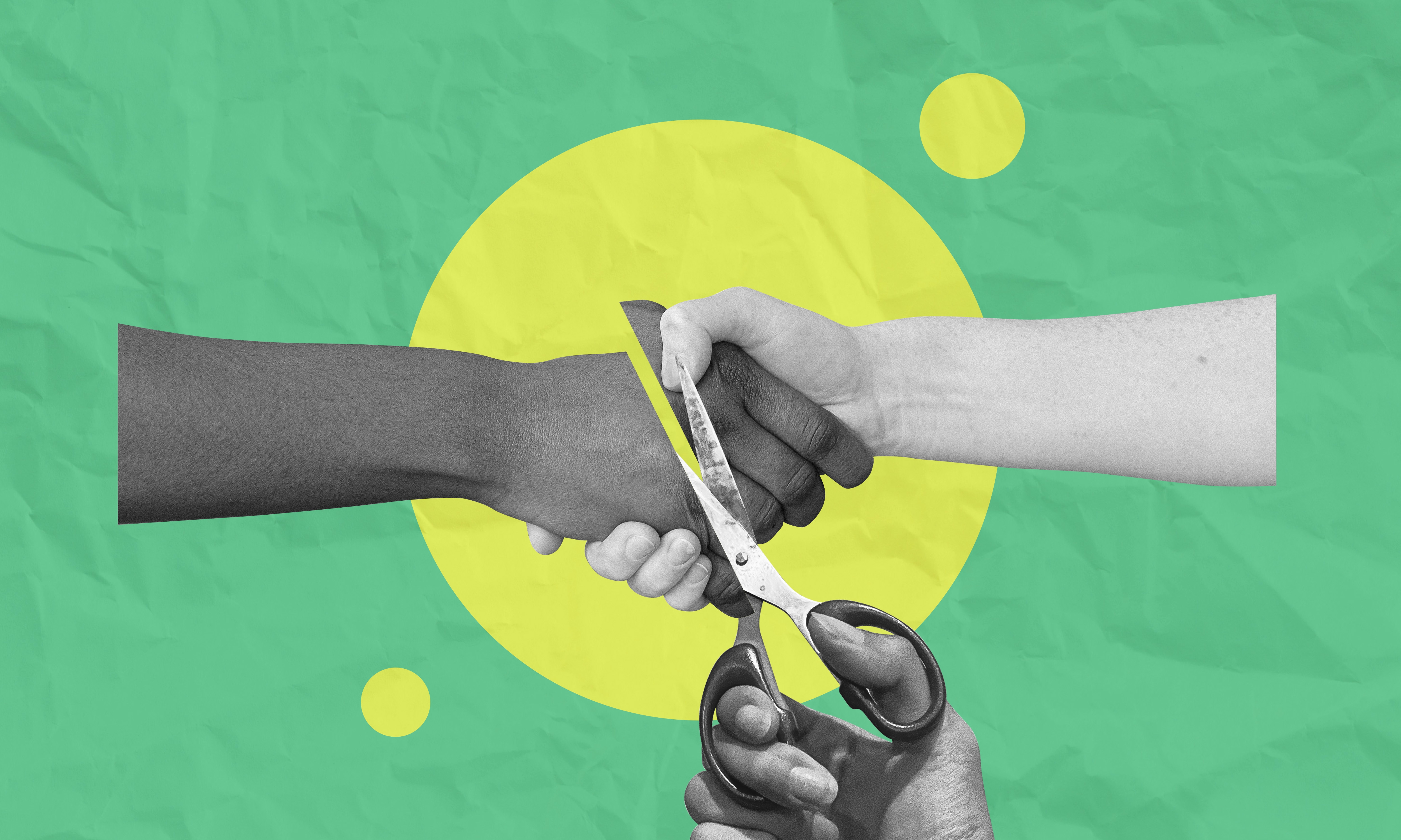 Collage of hands: one shaking, another cutting the handshake with scissors, set against a geometric background