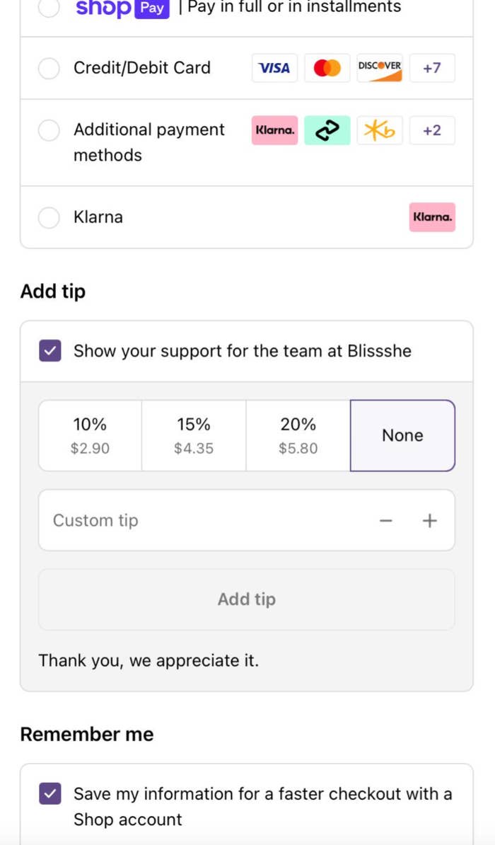 Checkout page with payment options, additional payment methods, and tipping options for supporting a team at Blissshe