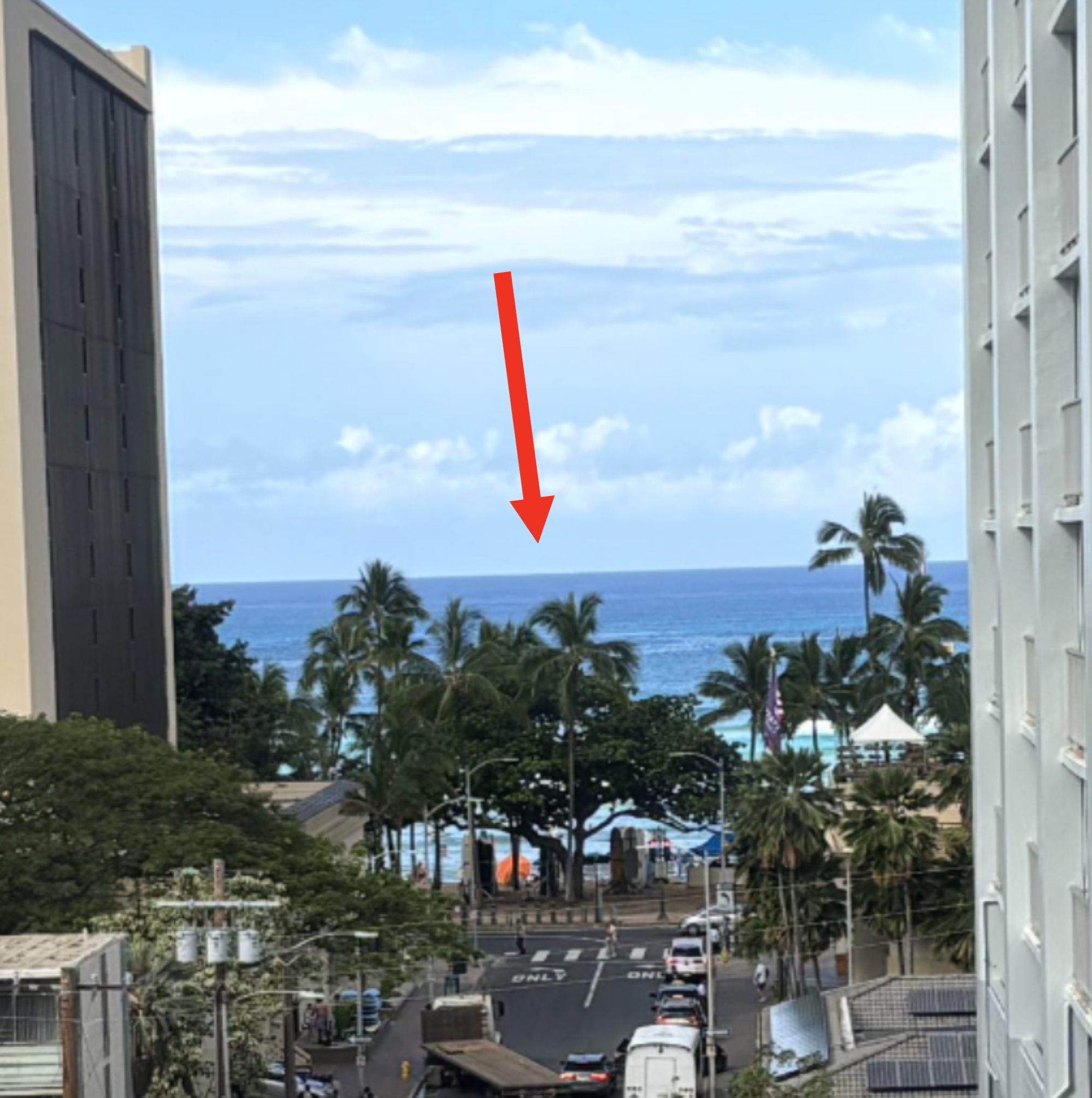 View of a coastal city street with palm trees and the ocean in the background between tall buildings