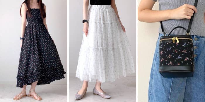 女性の夏のファッションコーディネート。黒い花柄のロングドレス、白いレースのマキシスカート、花柄バッグとデニム。