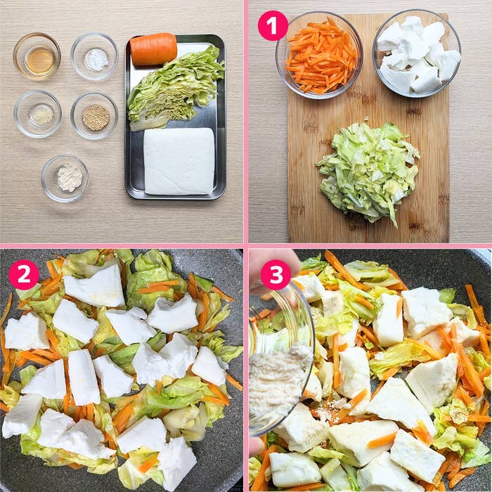 はんぺんと野菜の調理手順。材料の準備、野菜とはんぺんをフライパンで炒め、調味料を加える様子。