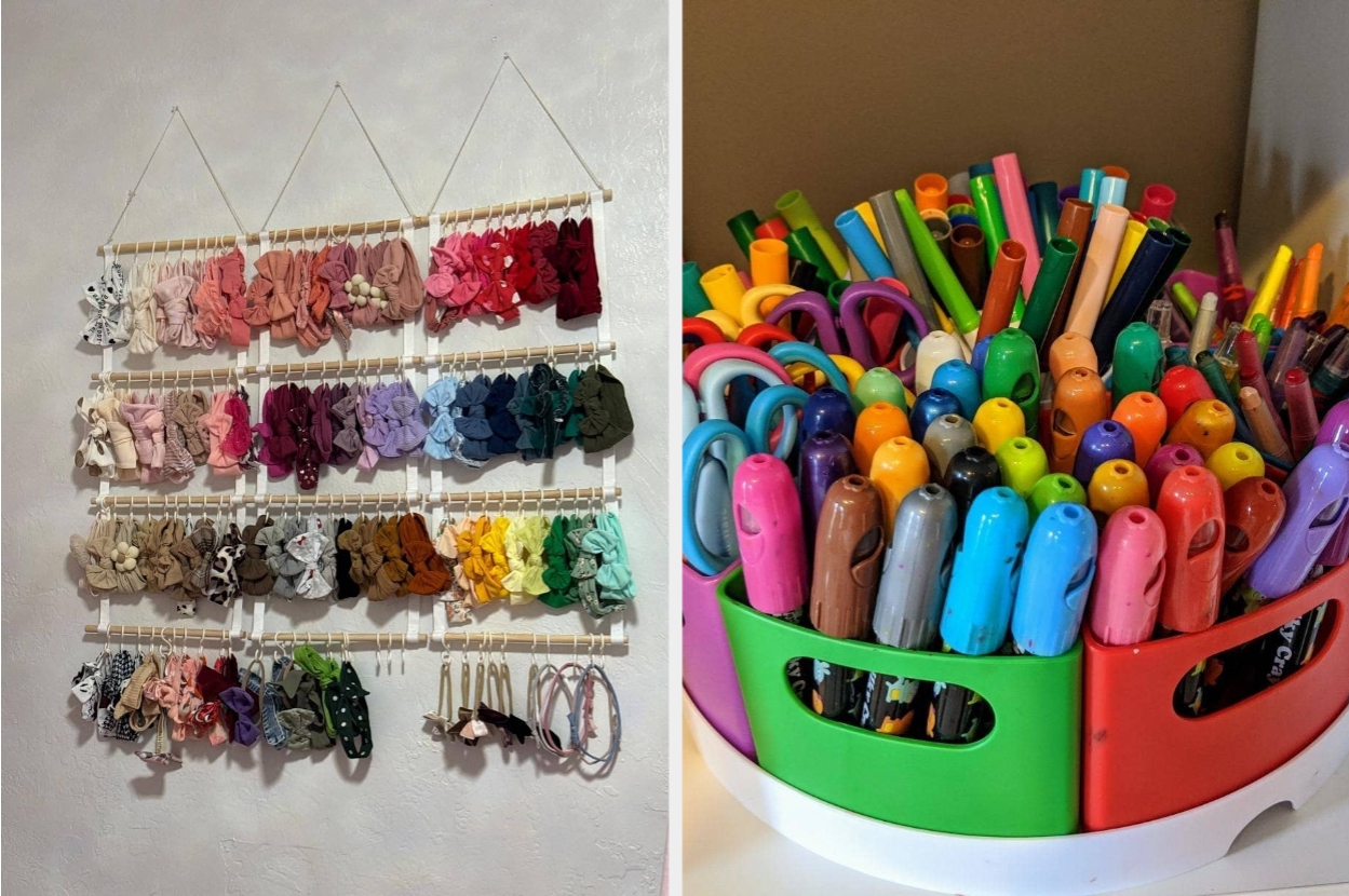 Wall of hair accessories and a colorful organizer filled with markers and scissors, ideal for crafting or organizing personal supplies