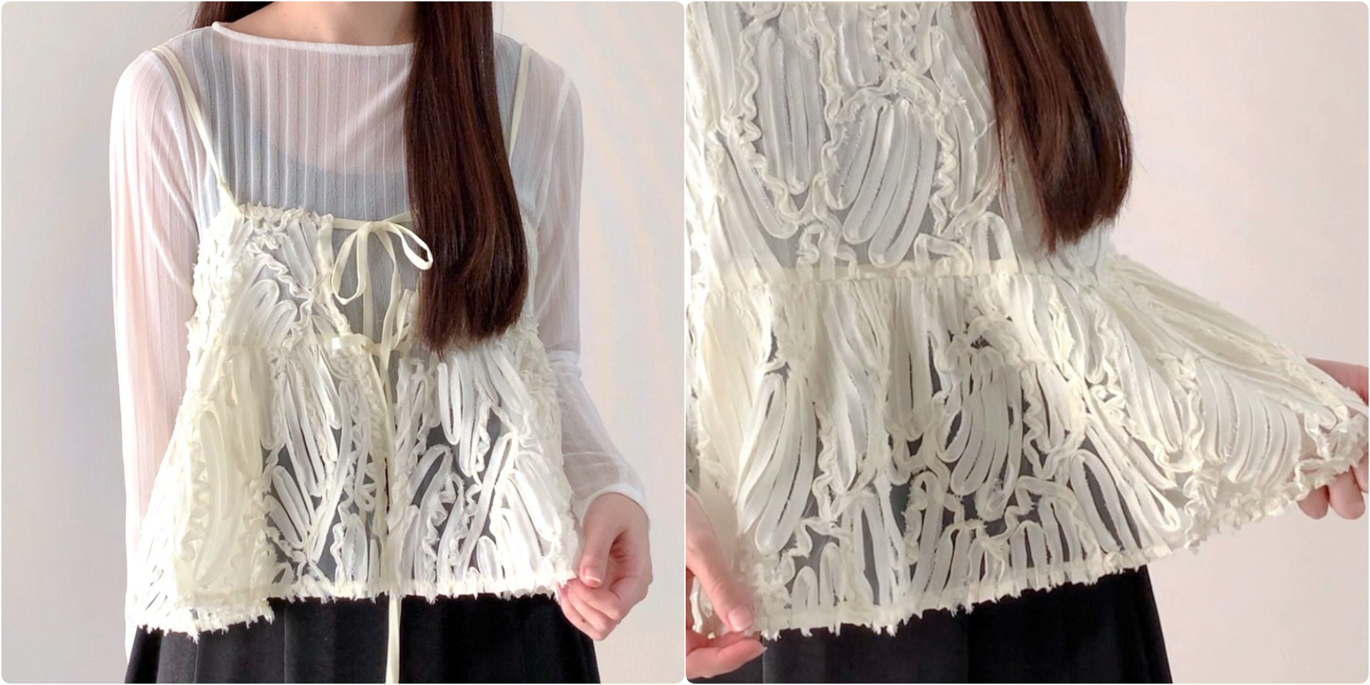 Person wearing a sheer blouse with an intricate lace overlay, paired with a black skirt. Close-up shows detailed lace design