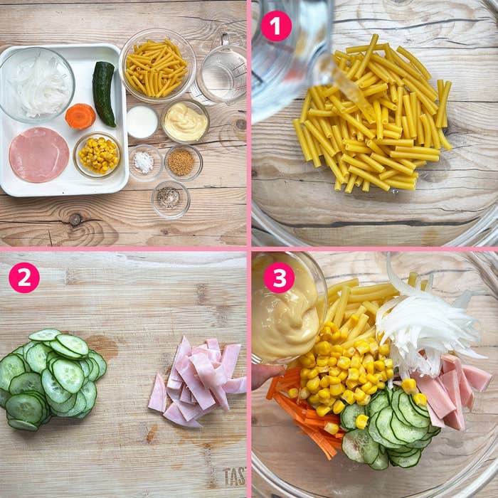 調理過程の4つのステップ：マカロニサラダの具材を準備し、ボウルに混ぜ込む様子。
