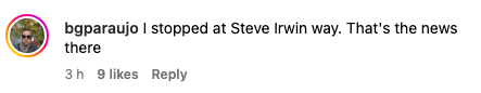 Comment on social media: &quot;I stopped at Steve Irwin way. That's the news there.&quot;