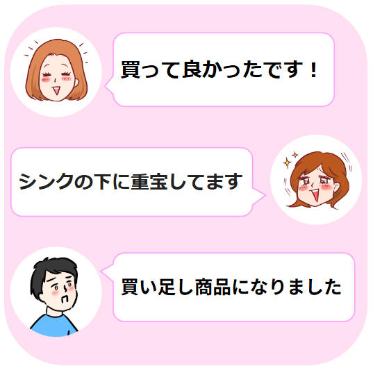 3人の人物が商品について感想を述べています。女性1「買って良かったです！」、女性2「シンクの下に重宝してます」、男性「買い足し商品になりました」。