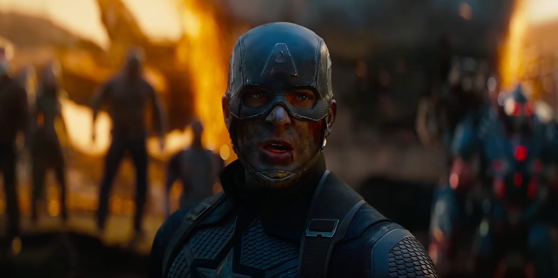 Close-up of Captain America mid-battle during "Avengers: Endgame"