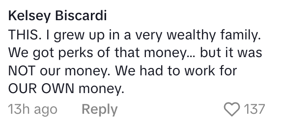 Kelsey Biscardi comments on growing up wealthy, highlighting the importance of working for their own money despite family wealth