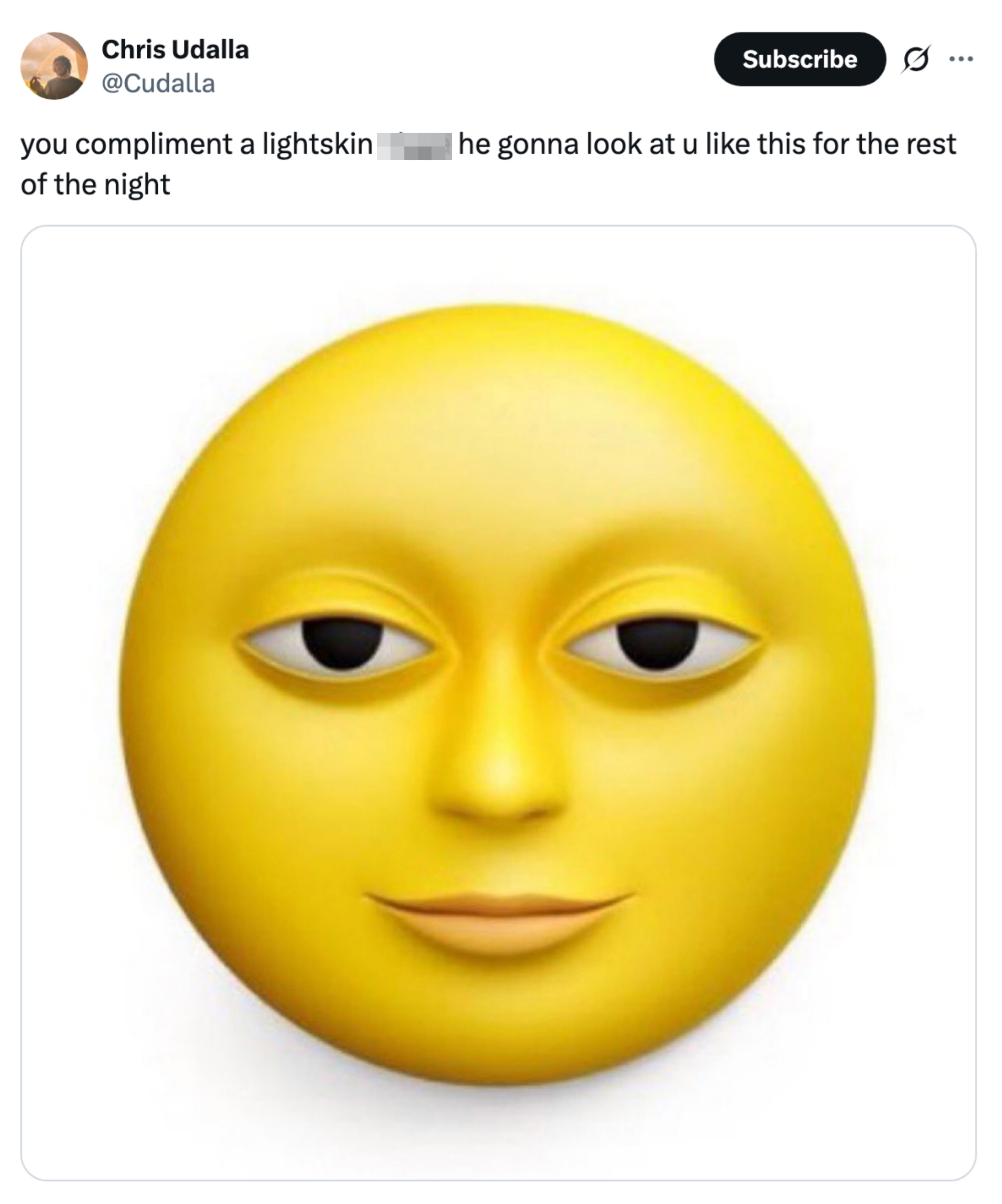 A smug-looking yellow emoji face with raised eyebrows and a slight smile