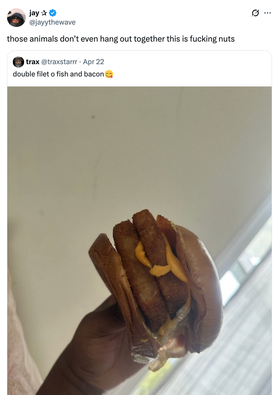 Person holds a sandwich with two fish fillets, bacon, and cheese. Tweets express surprise at the unusual combination of ingredients