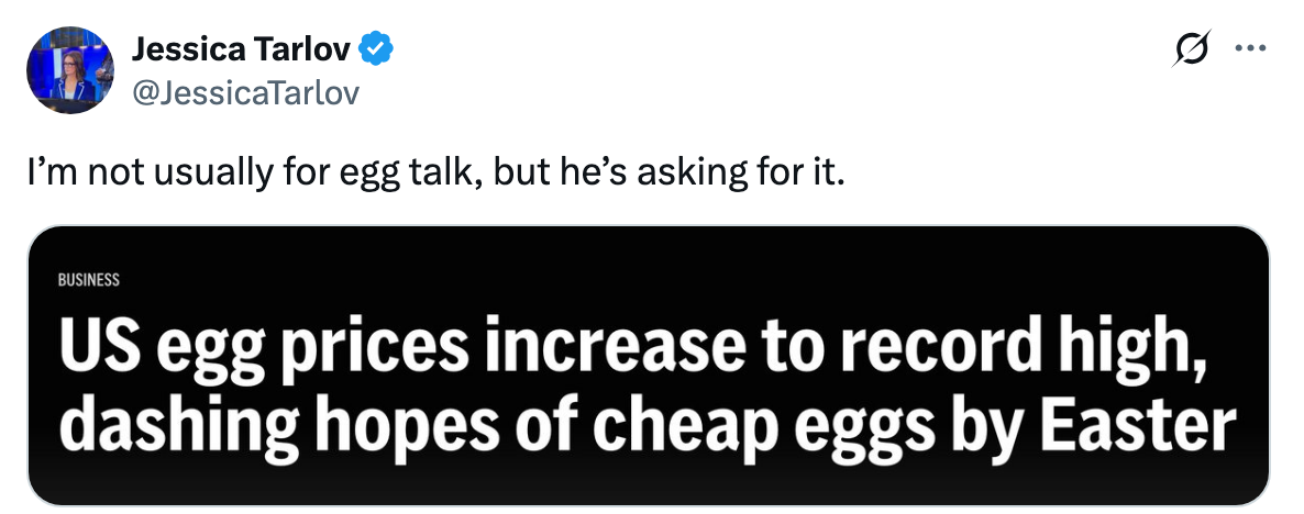 Tweet by @JessicaTarlov: "I'm not usually for egg talk, but he's asking for it." Below, a headline reads, "US egg prices increase to record high, dashing hopes of cheap eggs by Easter."